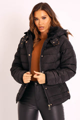 Black Faux Fur Trim Hood Padded Coat - Jessabelle-Coats
