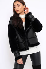 Black Faux Leather And Fur Jacket - Rhea-Jackets