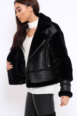 Black Faux Leather And Fur Jacket - Rhea-Jackets