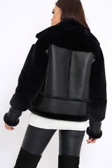 Black Faux Leather And Fur Jacket - Rhea-Jackets
