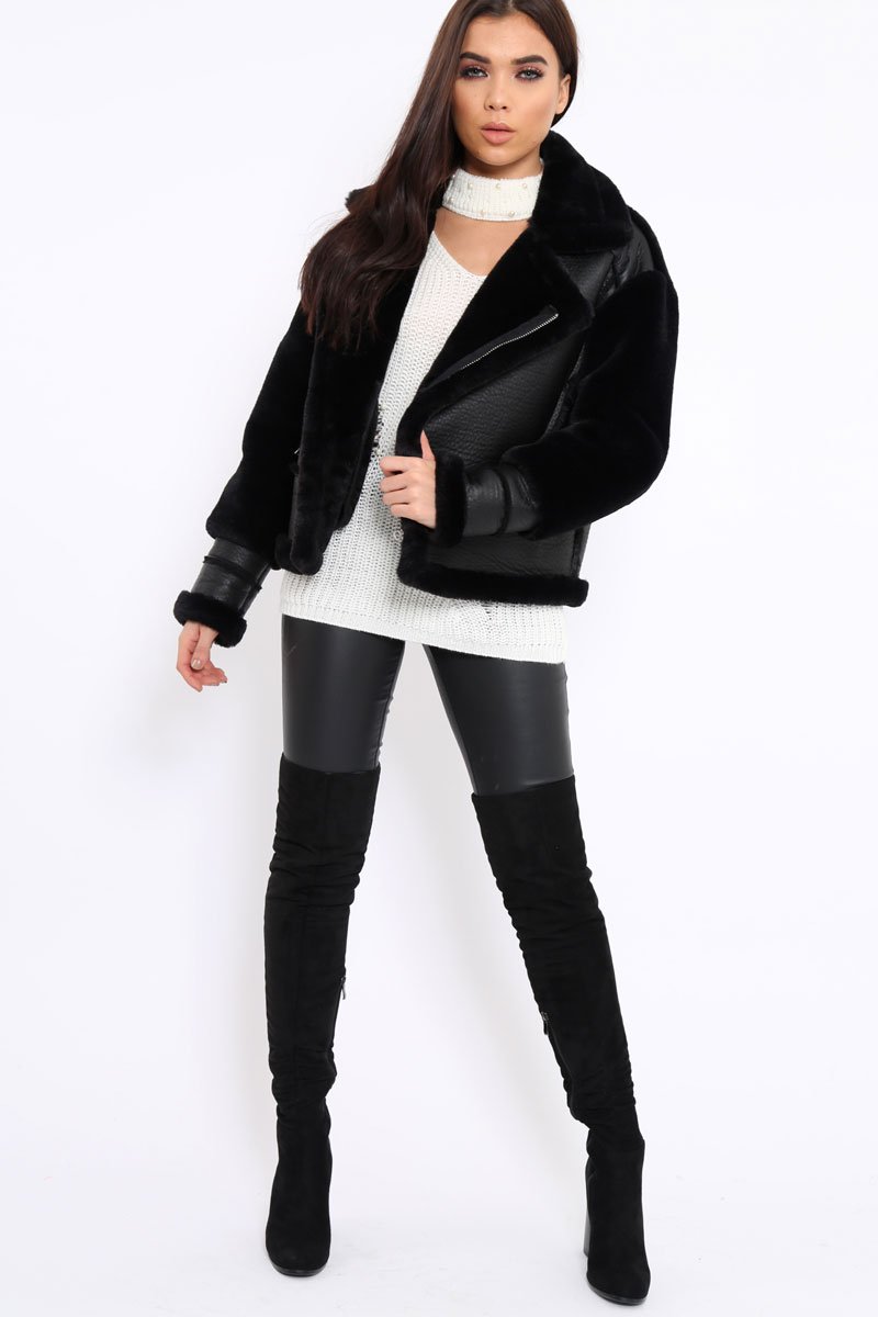 Black Faux Leather And Fur Jacket - Rhea-Jackets