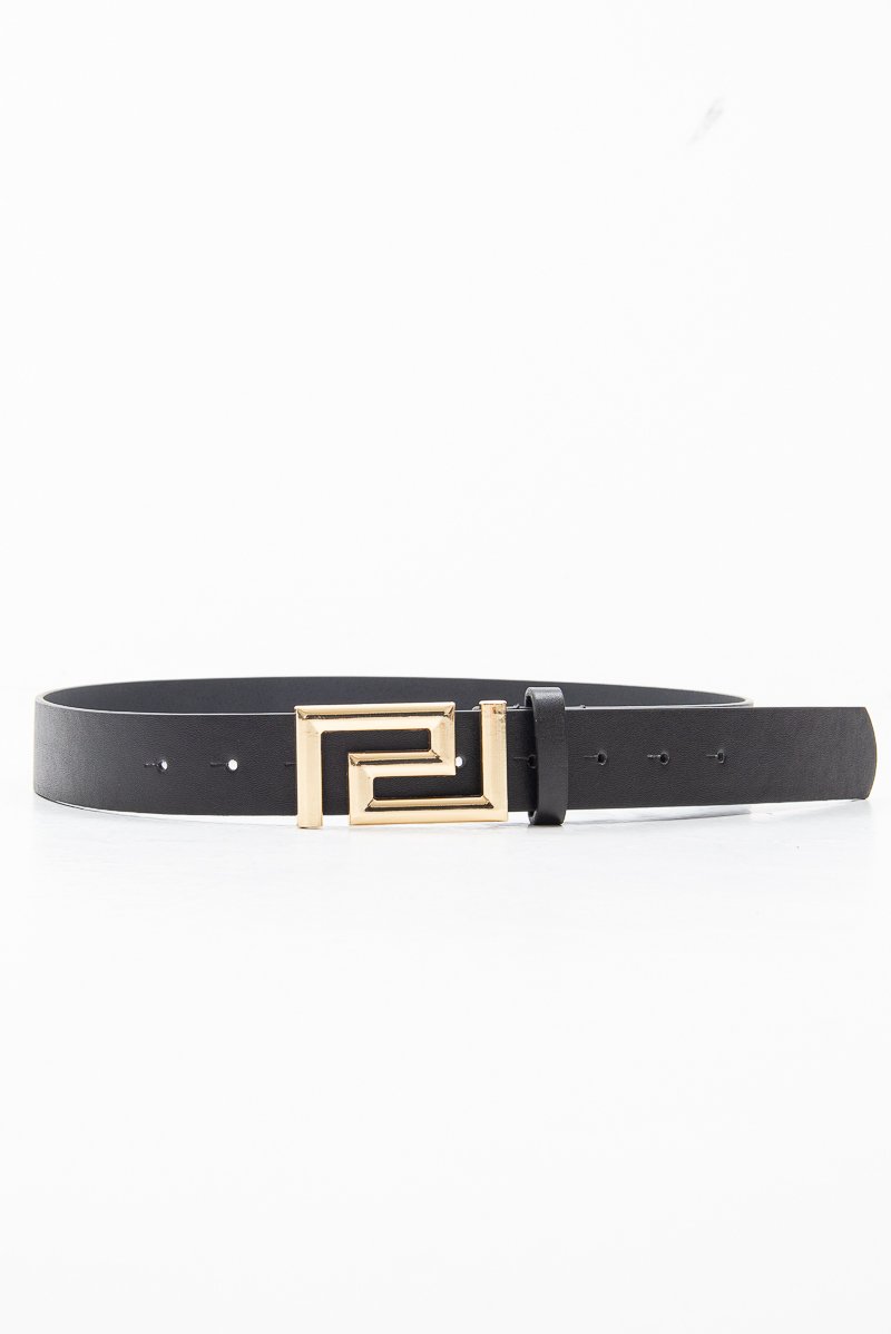 Black Faux Leather Aztec Buckle Belt - Lorina-Belts