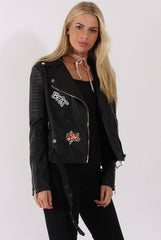 Black Faux Leather Badge Biker Jacket - Fay-Jackets