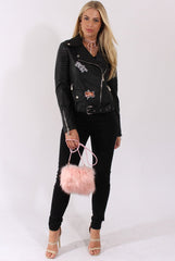 Black Faux Leather Badge Biker Jacket - Fay-Jackets