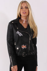 Black Faux Leather Badge Biker Jacket - Fay-Jackets