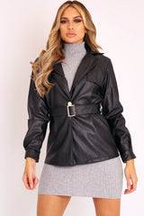 Black Faux Leather Belted Blazer Jacket - Lissa-Jackets