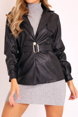 Black Faux Leather Belted Blazer Jacket - Lissa-Jackets
