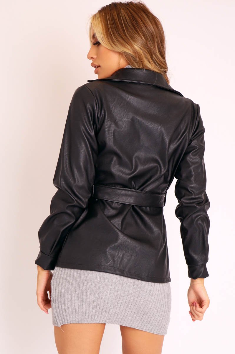 Black Faux Leather Belted Blazer Jacket - Lissa-Jackets