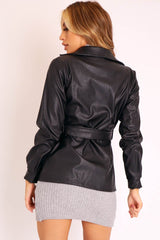 Black Faux Leather Belted Blazer Jacket - Lissa-Jackets