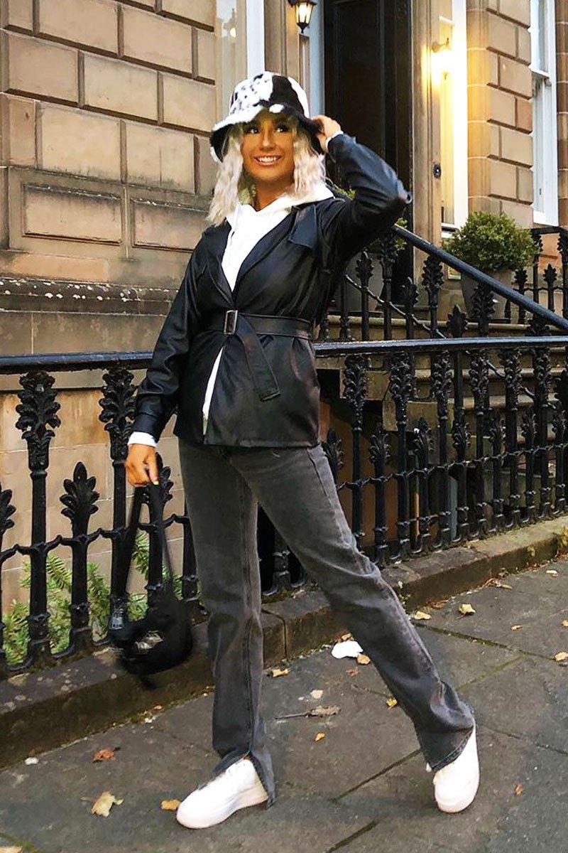 Black Faux Leather Belted Blazer Jacket - Lissa-Jackets