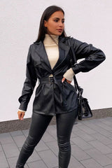 Black Faux Leather Belted Blazer Jacket - Lissa-Jackets