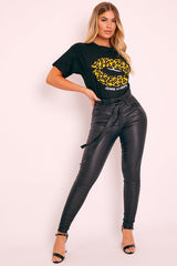 Black Faux Leather Belted Jeans - Braylea-Jeans