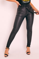 Black Faux Leather Belted Jeans - Braylea-Jeans