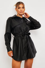 Black Faux Leather Belted Shirt Mini Dress - Alese-Dresses