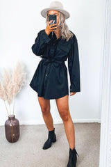 Black Faux Leather Belted Shirt Mini Dress - Alese-Dresses