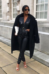 Black Faux Leather Belted Short Sleeve Jumpsuit - Ryenne-Jumpsuits