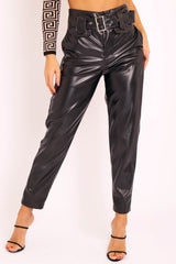 Black Faux Leather Belted Straight Leg Trousers - Jamese-Trousers