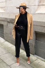 Black Faux Leather Belted Straight Leg Trousers - Jamese-Trousers