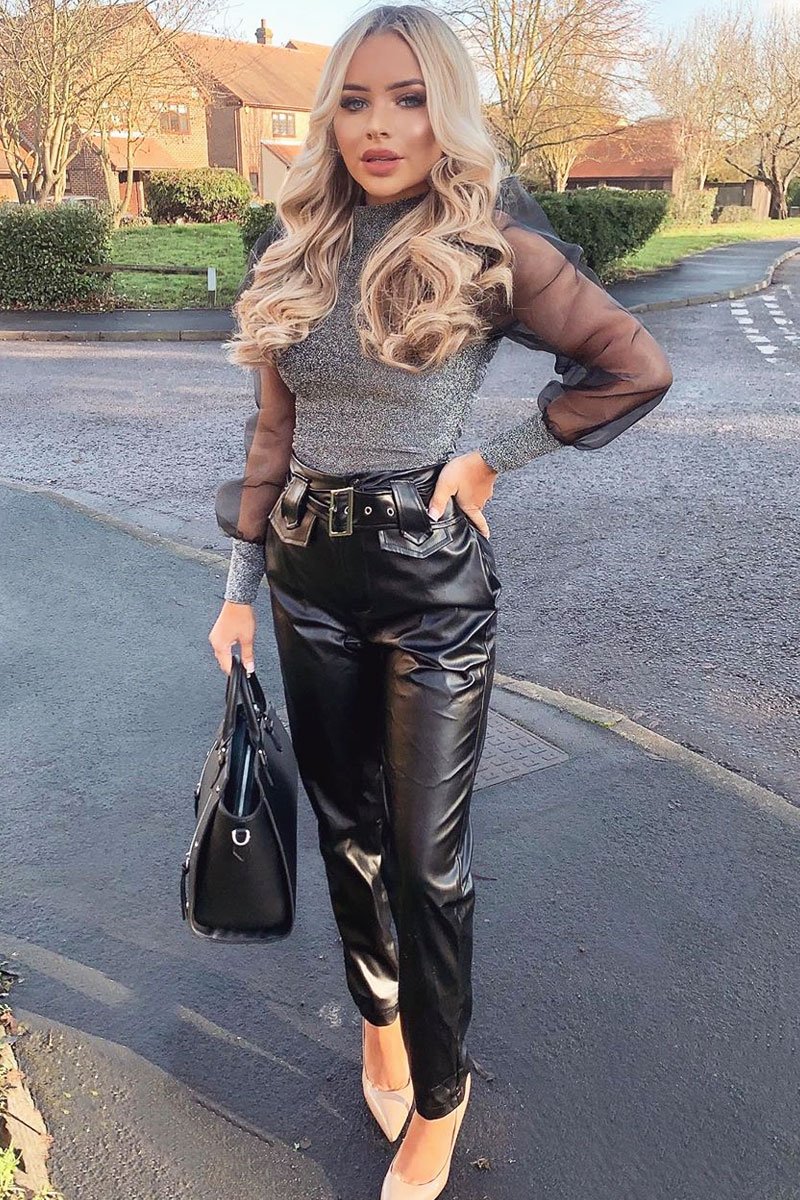 Black Faux Leather Belted Straight Leg Trousers - Jamese-Trousers