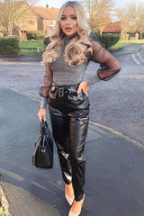 Black Faux Leather Belted Straight Leg Trousers - Jamese-Trousers