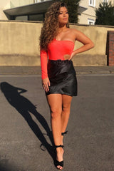 Black Faux Leather Belted Wrap Mini Skirt - Skye-Skirts