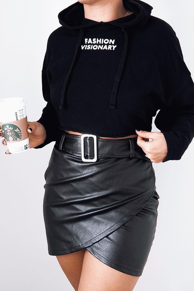 Black Faux Leather Belted Wrap Mini Skirt - Skye-Skirts