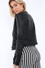 Black Faux Leather Biker Jacket - Colleen-Jackets