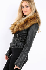 Black Faux Leather Biker Jacket with Brown Fur Collar - Livi-Jackets