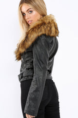 Black Faux Leather Biker Jacket with Brown Fur Collar - Livi-Jackets