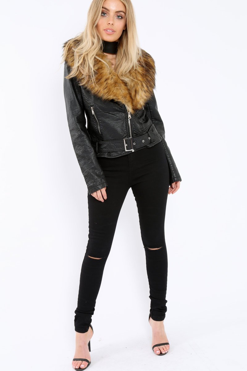 Black Faux Leather Biker Jacket with Brown Fur Collar - Livi-Jackets