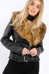 Black Faux Leather Biker Jacket with Brown Fur Collar - Livi-Jackets