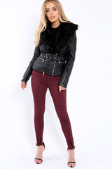 Black Faux Leather Biker Jacket with Fur Collar - Lindy-Jackets