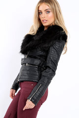 Black Faux Leather Biker Jacket with Fur Collar - Lindy-Jackets