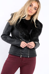Black Faux Leather Biker Jacket with Fur Collar - Lindy-Jackets