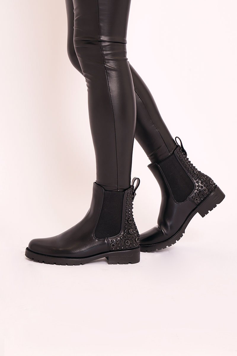 Black Faux Leather Black Studded Chelsea Boots - Katelin-Boots