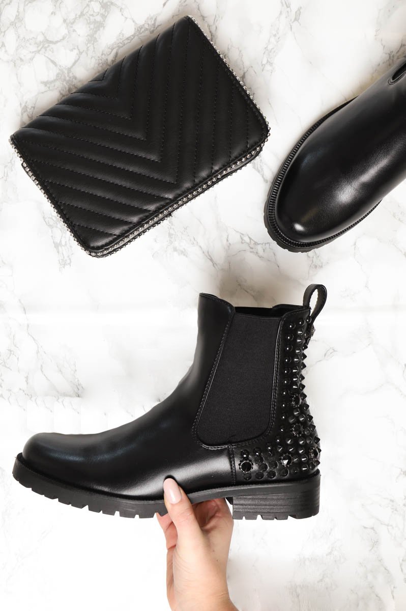 Black Faux Leather Black Studded Chelsea Boots - Katelin-Boots