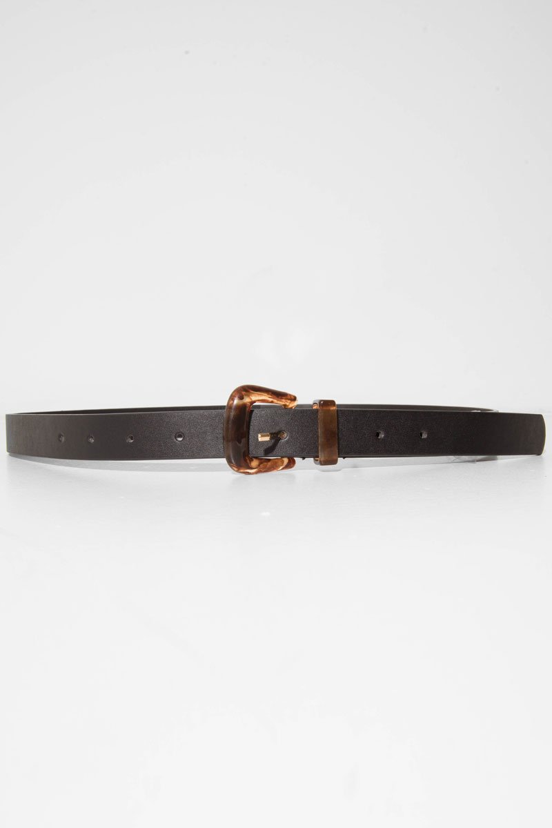 Black Faux Leather Brown Tortoise Shell Buckle Belt - Carsen-Belts