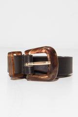 Black Faux Leather Brown Tortoise Shell Buckle Belt - Carsen-Belts