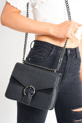 Black Faux Leather Buckle Cross Body Bag - Daliya-Bags
