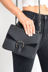 Black Faux Leather Buckle Cross Body Bag - Daliya-Bags