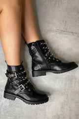 Black Faux Leather Buckle Stud Strap Biker Boots - Saina-Boots