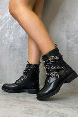 Black Faux Leather Buckle Stud Strap Biker Boots - Saina-Boots
