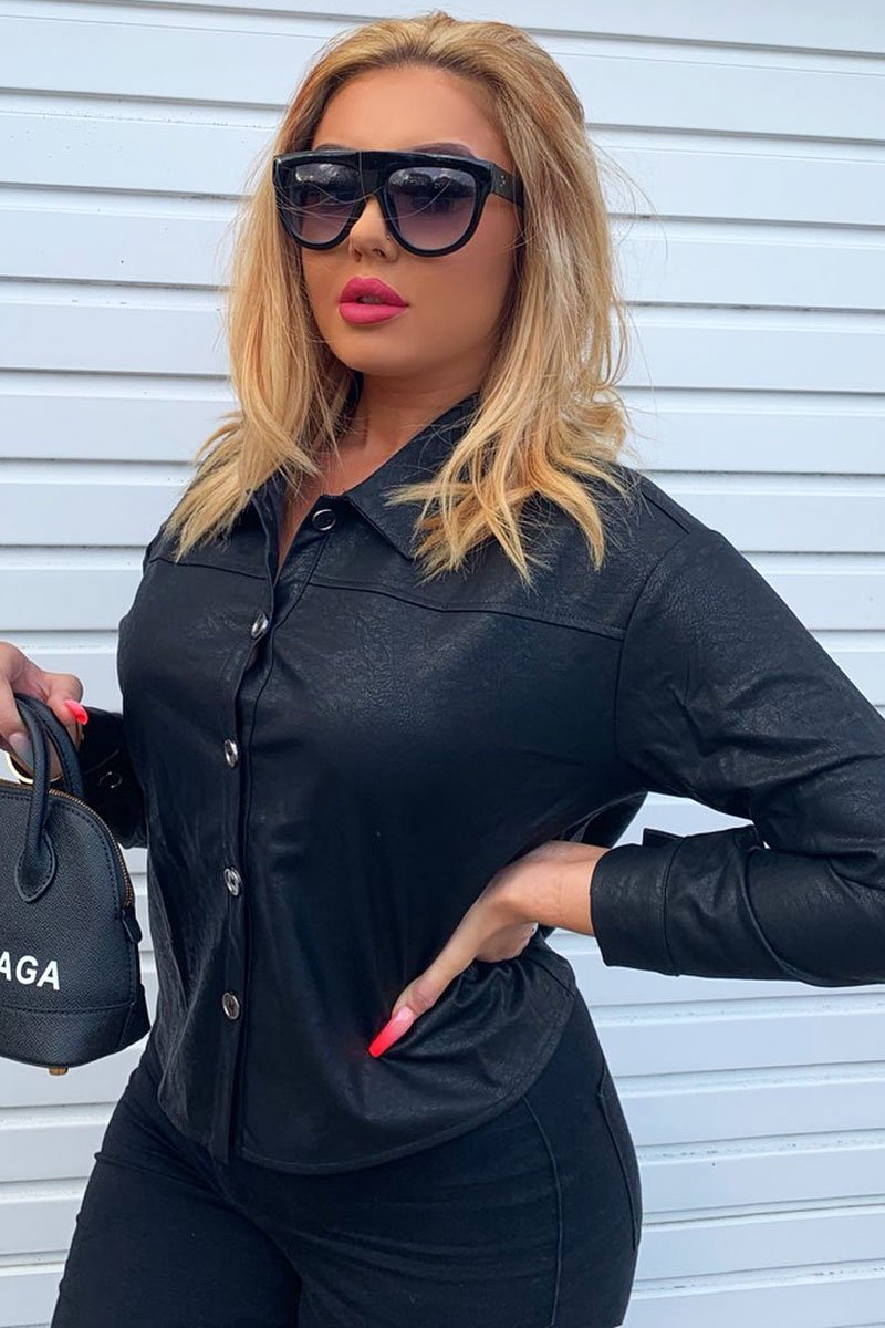 Black Faux Leather Button Up Shirt - Bellarae-Shirts
