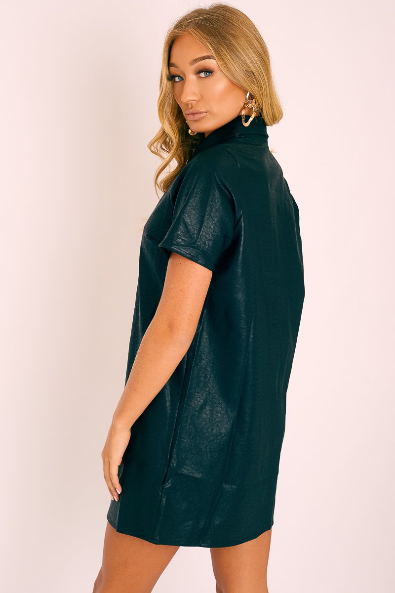 Black Faux Leather Button Up Shirt Dress