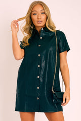 Black Faux Leather Button Up Shirt Dress - Alba-Dresses