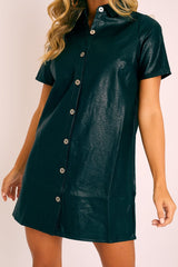 Black Faux Leather Button Up Shirt Dress - Alba-Dresses