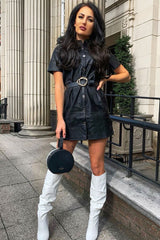 Black Faux Leather Button Up Shirt Dress - Alba-Dresses