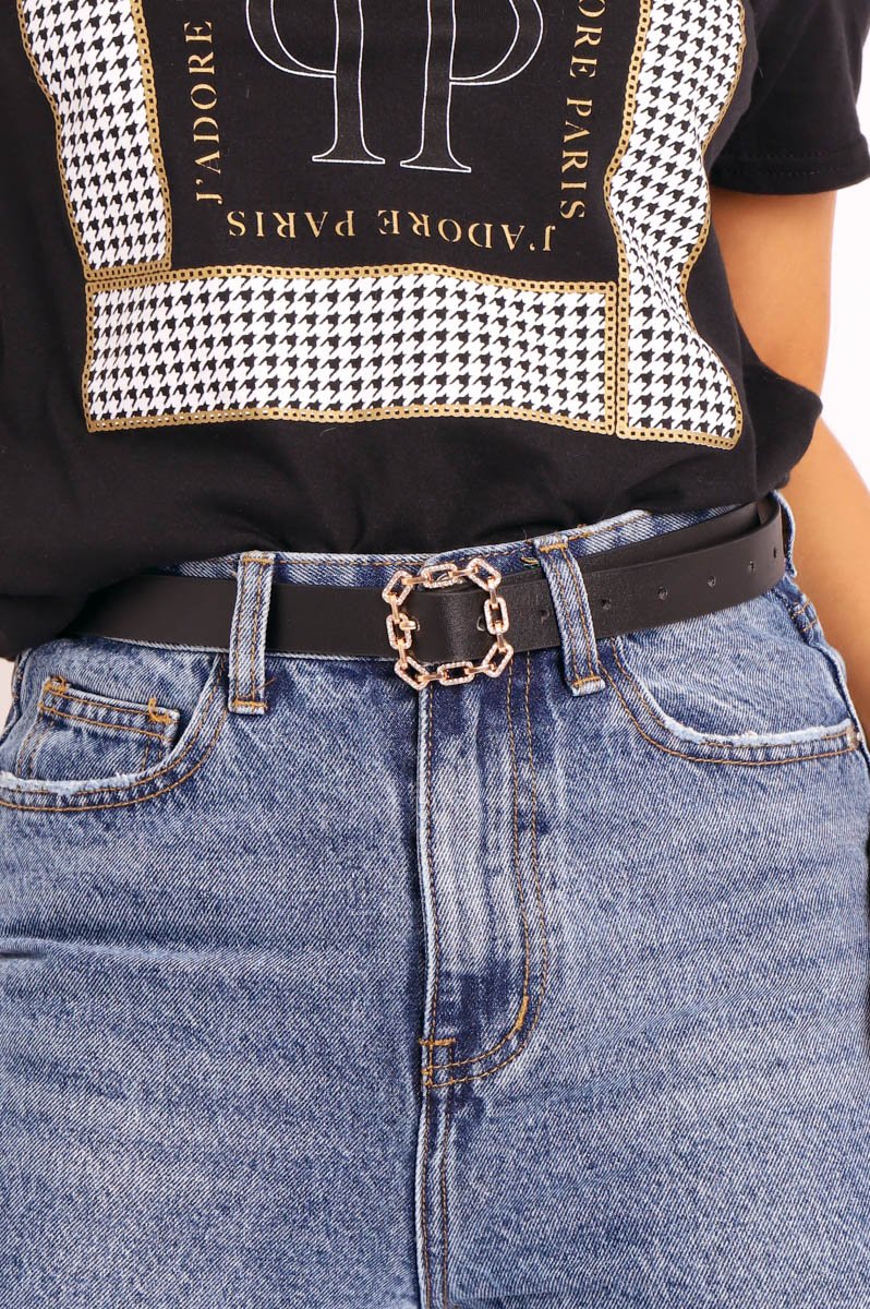 Black Faux Leather Chain Buckle Belt - Jaylarose-Belts