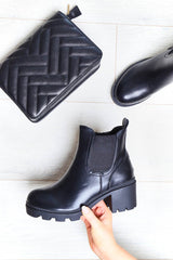 Black Faux Leather Chunky Heeled Chelsea Boots - May-Boots