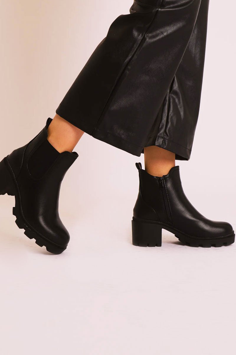 Black Faux Leather Chunky Heeled Chelsea Boots - May-Boots